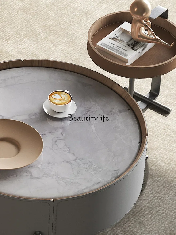 Italian round rock slab coffee table combination simple cream saddle leather solid wood edge table