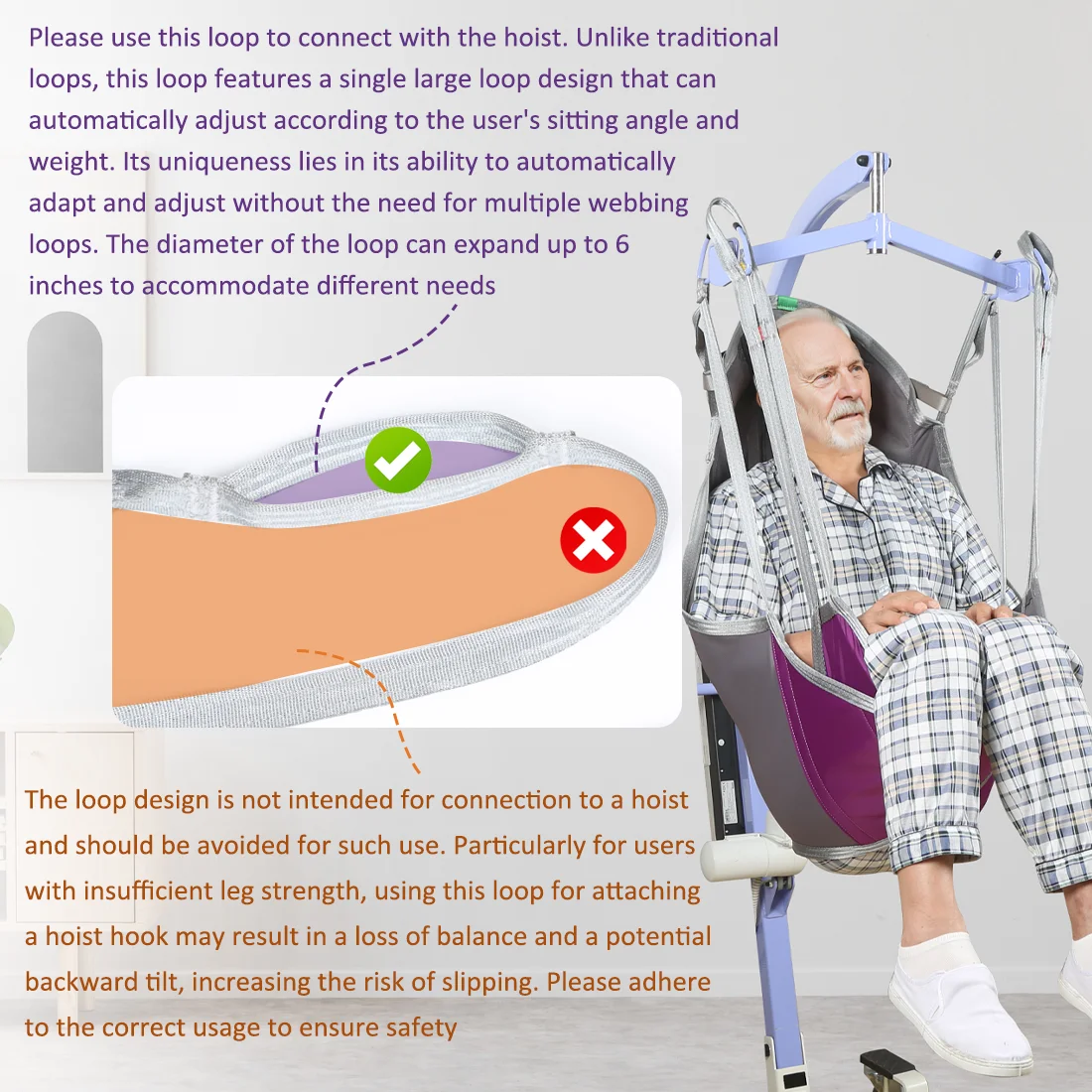 Ehucon Imbracatura per gambe divisa per sollevamento paziente durevole Imbracatura per paranco di trasferimento con supporto per la schiena alta per anziani Capacità di peso di 500 libbre