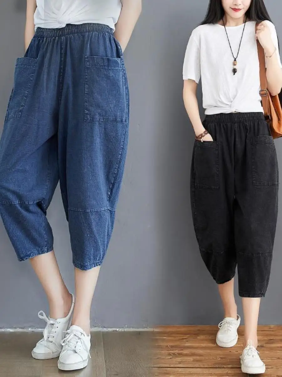 calca-jeans-feminina-plus-size-nova-de-verao-solta-com-efeito-emagrecedor-cintura-elastica-fina-comprimento-sete-oitavos-b
