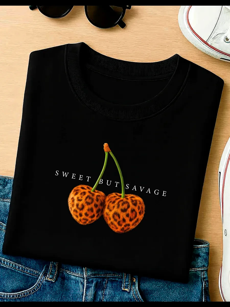 Summer Sweet But Savage Cherry Prints Cotton T-Shirts Womens O-Neck Oversized T Shirt Short Sleeve Tops Casual Woman Clothes