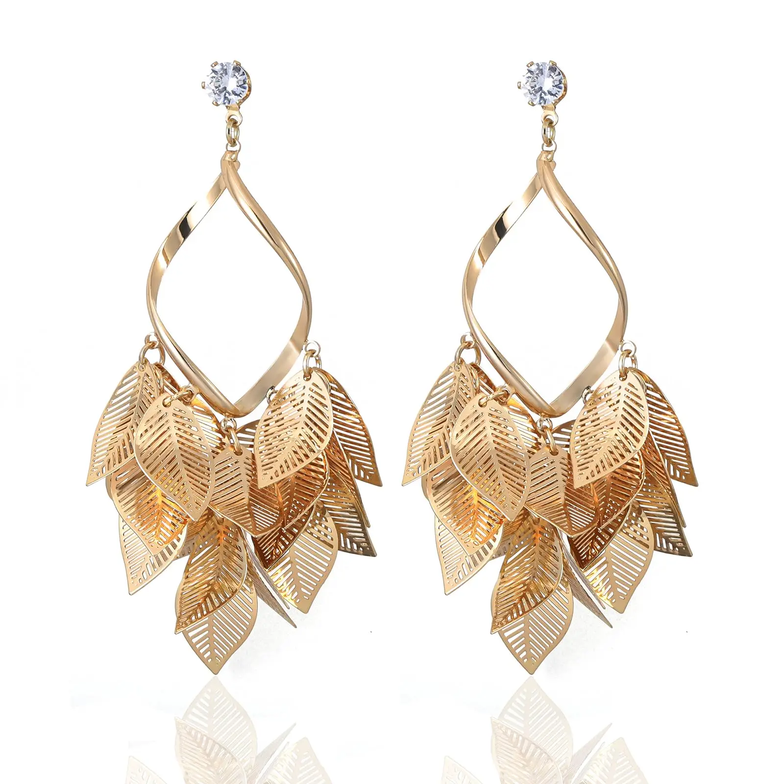 

Gold Plated Leaf Dangle Earrings For Women Statement Chandelier Jewelry Elegant Fashion Accessory
