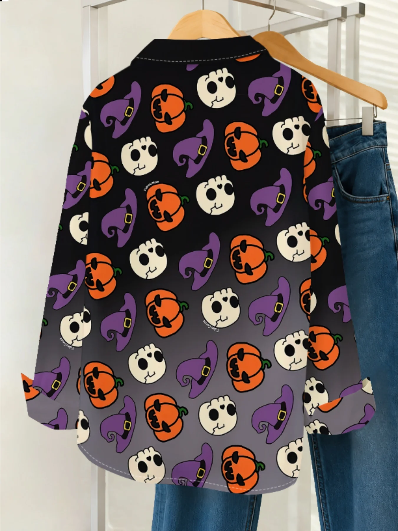 Halloween Style Men Lapel Collar Shirt Dark Base Cute Cartoon Pumpkin Ghost Print Polyester Long-Sleeve Blouse