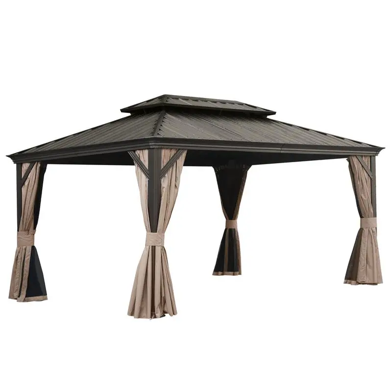 

12x16 Hardtop Gazebo with Upgraded Metal and Drainage System, Dual-Layer Galv Steel Roof, Includes Curtain & Netting, Outdoor
