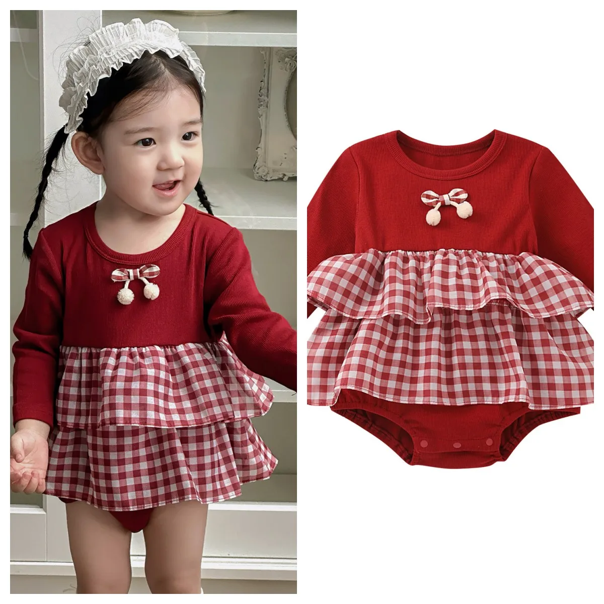 

Girls Rompers 2025 Autumn New Red Grid Baby Girl Romper Cute Cherry Onesie