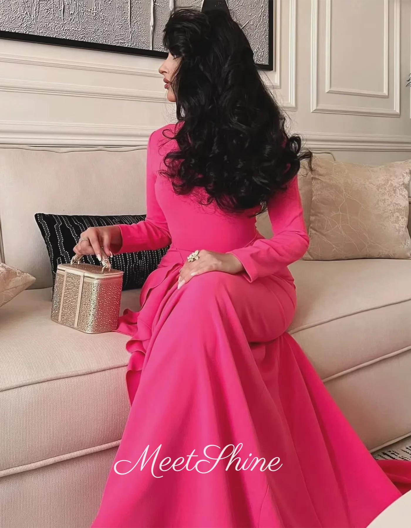 Pink Stain Mermaid Evening Dresses with Long Sleeves Prom Dress Saudi Arabia Party Gowns Customized Formal Occasion Dress 2025