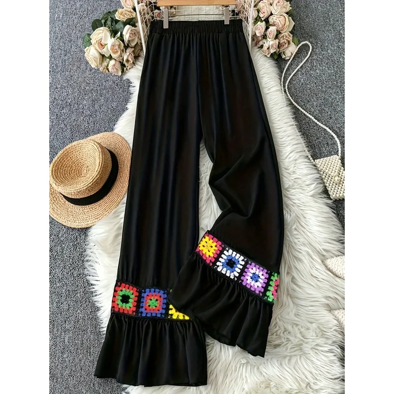 Summer Loose Casual Forest Retro Patchwork Bohemian Style Wide Leg Pants Straight Leg Long Trousers
