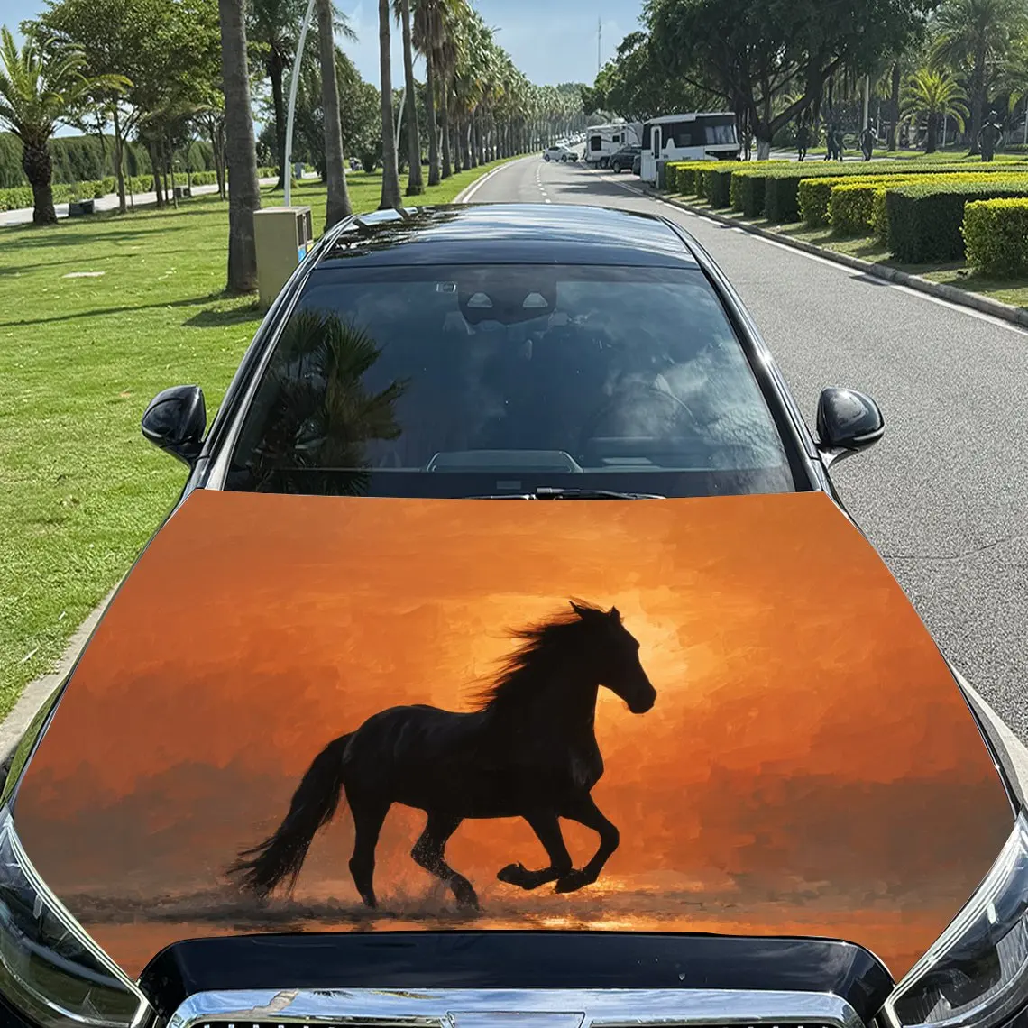 

The Dark Horse Under The Sunset Car Hood Vinyl Wraps, PVC Waterproof Car Bonnet Decals, Self-Adhesive Scratch-Resistant Stickers