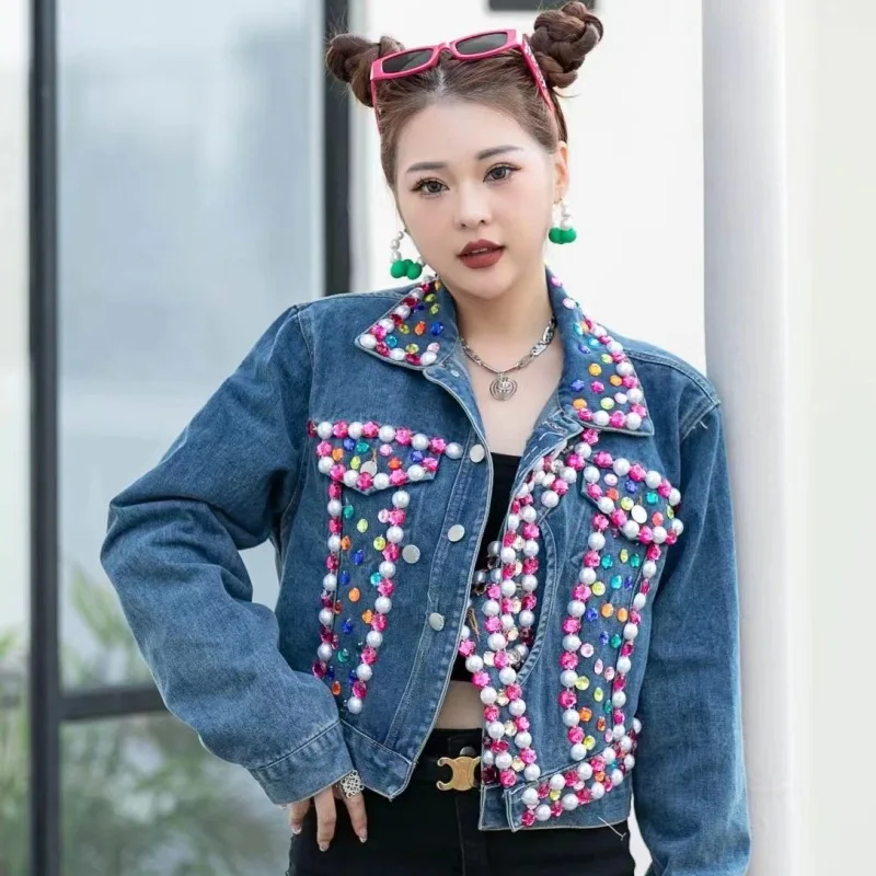 

Thailand Tide Brand 2023 Autumn New Heavy Industry Nail Bead Colored Diamond Sequined Denim Short Jacket Women's Loose and Thin