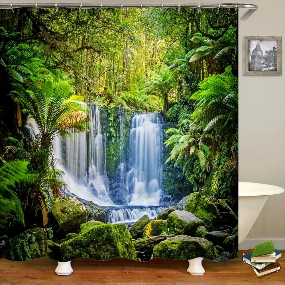 3D Natural Landscape Waterfall Forest Printed Bathroom Shower Curtain Polyester Waterproof Curtain with Hook Home Decor Curtain