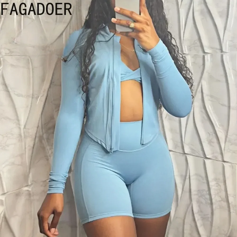 FAGADOER High Quality Stretchy Sporty 3pcs Sets Outfits Casual Tracksuit Candy Color Zip Jacket + High Waist Shorts + Sport Bra