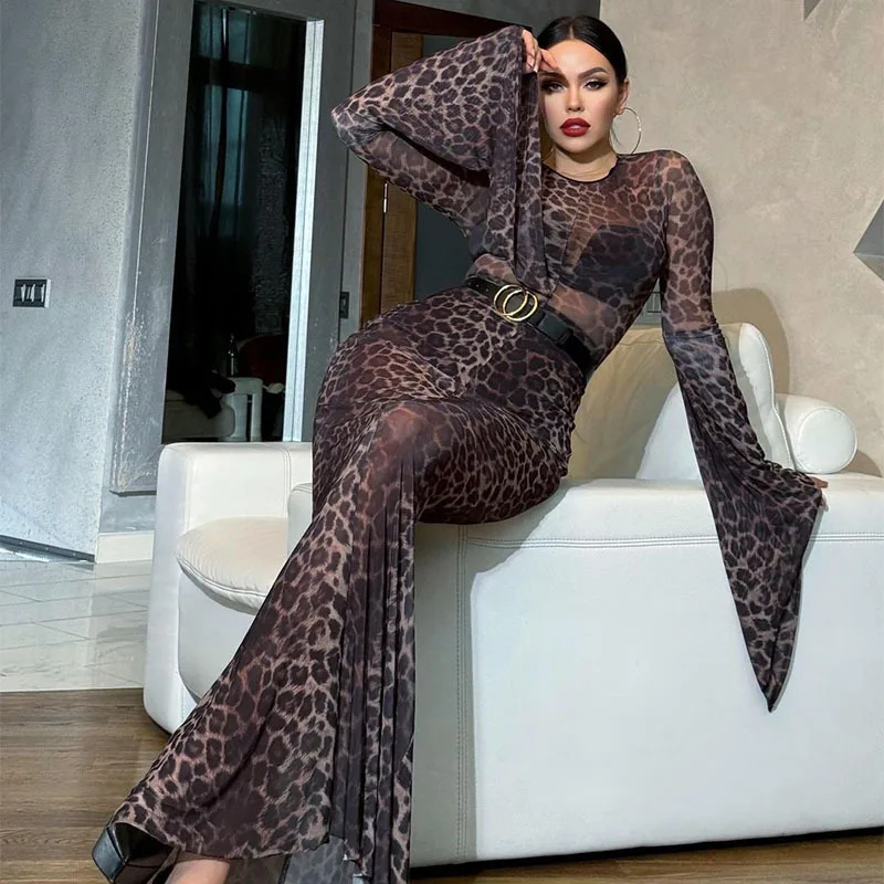 Hot Sell Women's Sexy Mesh See Through Printed Leopard Dress European and American Style Slim Fit Hip Hugging Fishtail Dress