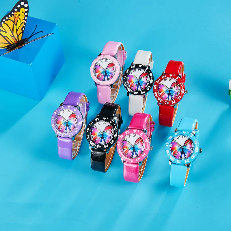 new children\'s girls\' Sweet cute butterfly leather quartz wrist watches little kids 7colors students birthday gifts watches