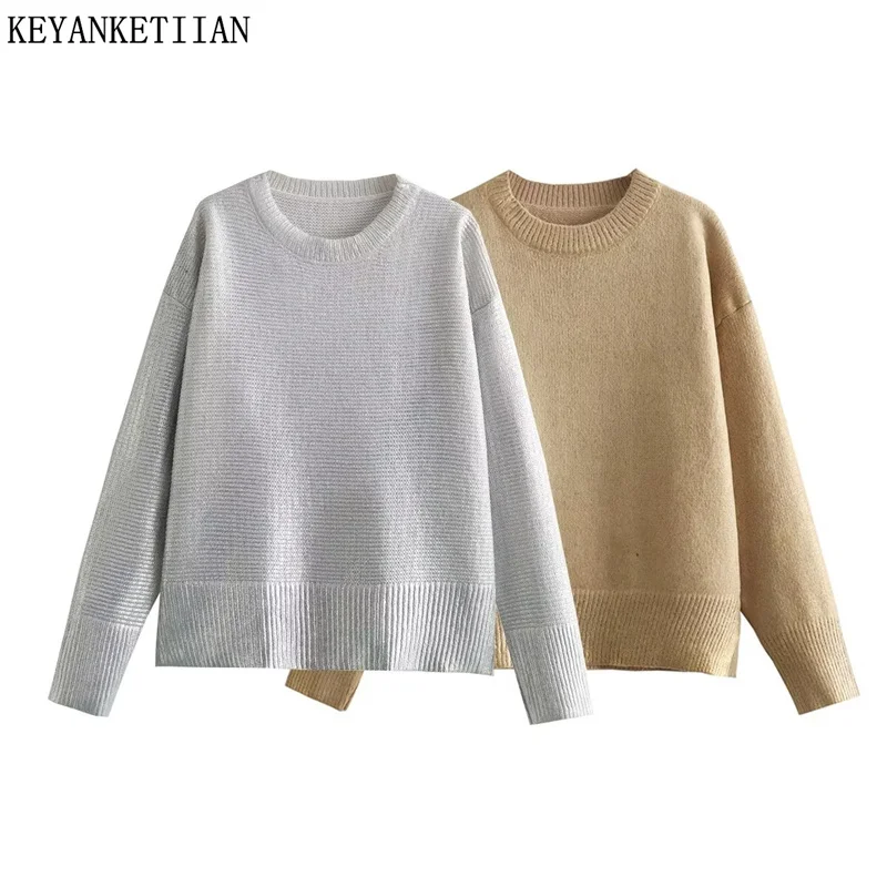 

KEYANKETIAN 2024 New Launch Metal Coating Texture Loose Sweater Spring High Street Women's Grunge Knitted Top O-Neck Pullover