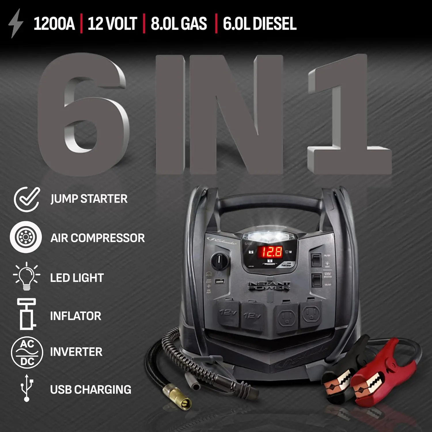 1200A Car Battery Jump Starter, 6-in-1 Portable Power Station for 12V, 150-PSI Air Compressor, 200W Inverter