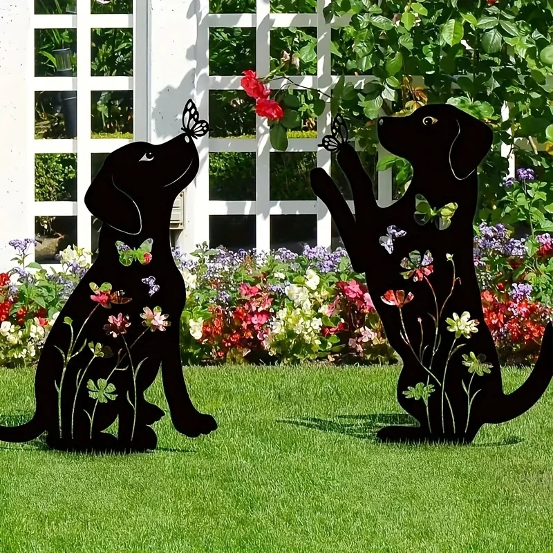 Art Deco Metal Dog Garden Stakes 2-Pack - Easter Outdoor Animal Statues, Floor Mount Dog Yard Art