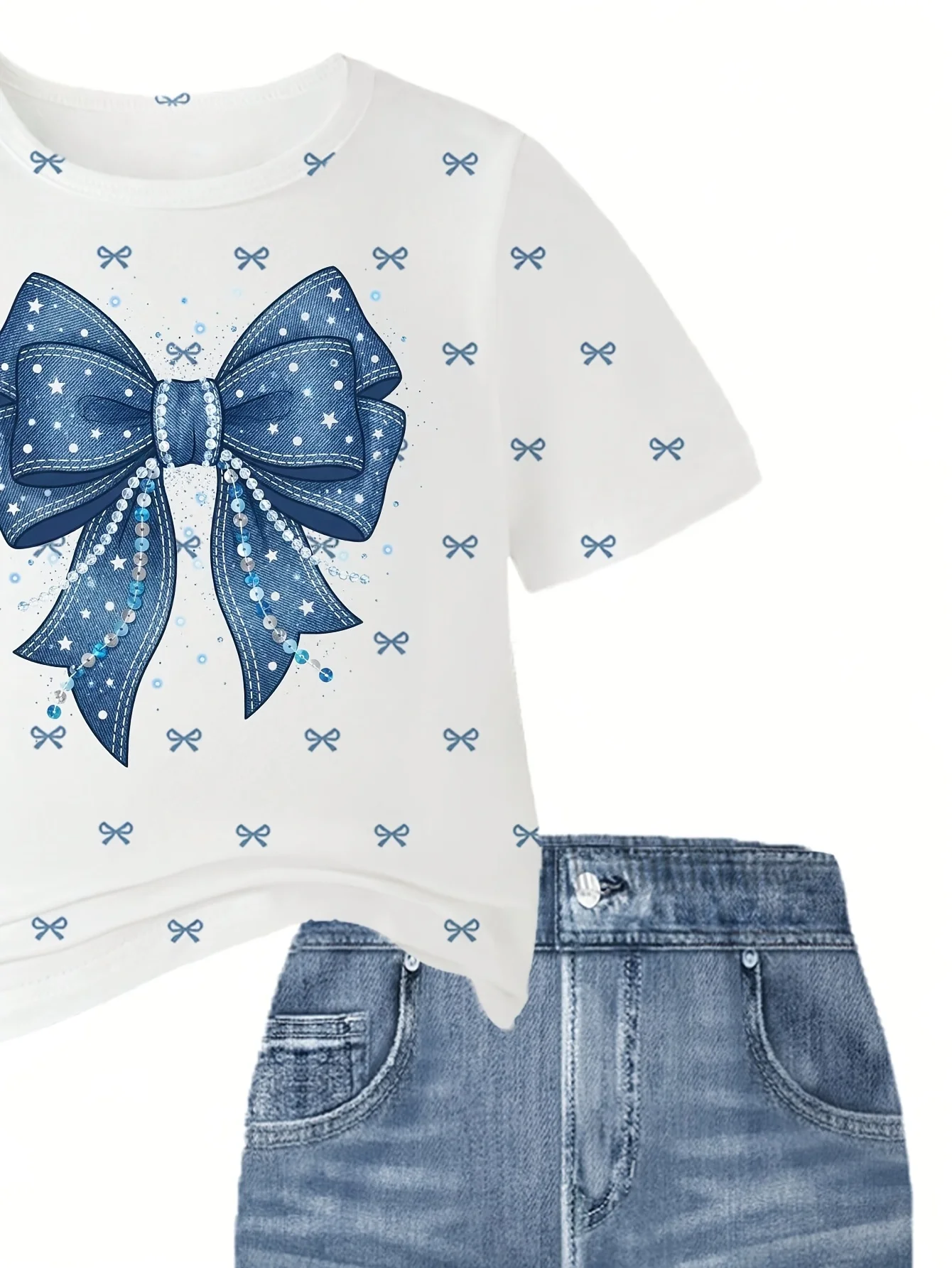 2-teiliges Set für Mädchen: Kurzarm-T-Shirt mit Schleifenverzierung und Faux-Denim-Print (Rundhalsausschnitt) und Schlaghose mit elastischem Bund – schlicht, St. – Detail 4