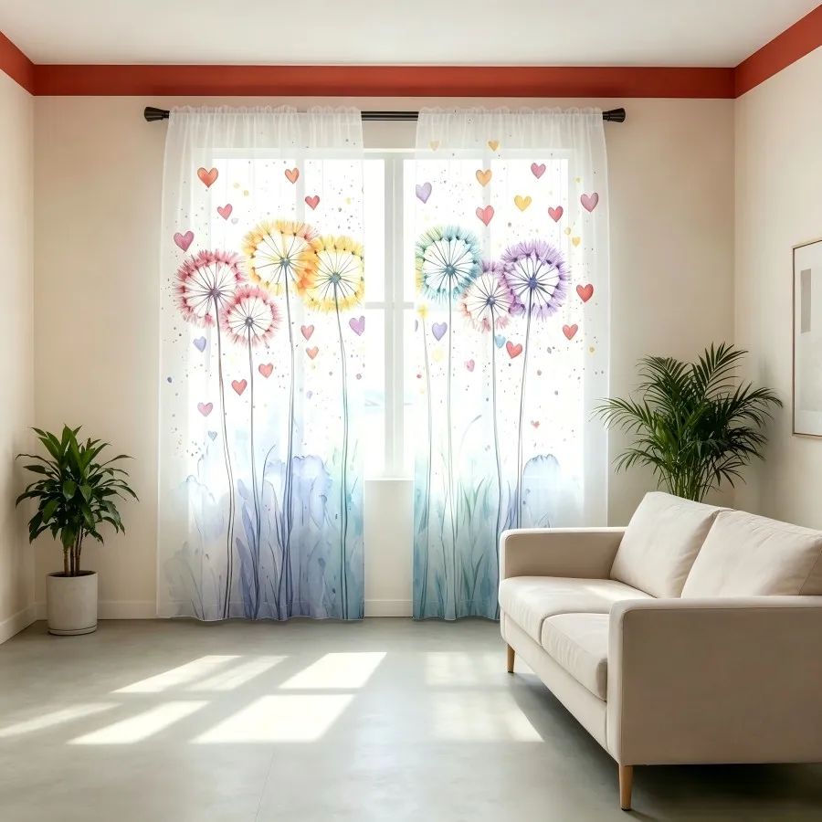 2PCS Digital Print Sheer Curtain, Colorful Heart Dandelion Flower Nature Window Drapes for Living Room Bedroom Home Decor