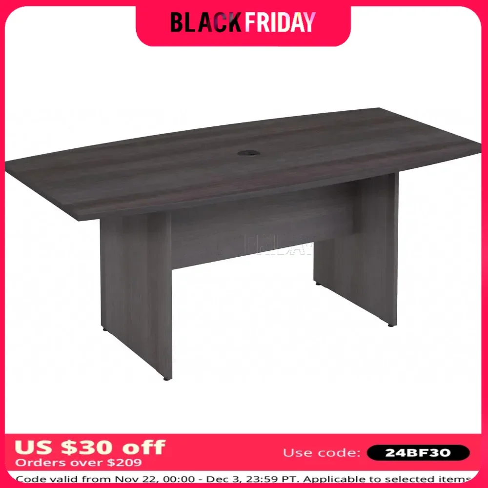 72W x 36D Boat Shaped Conference Table with Wood Base in Storm Gray, Large Meeting Desk for Professional Office