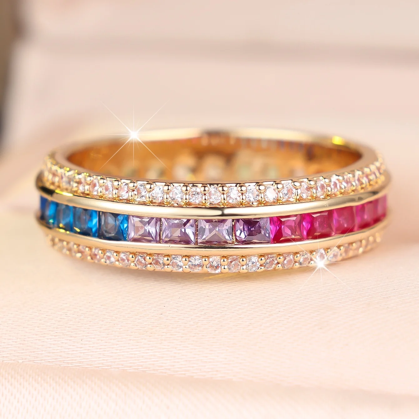 Small Round Charm Female Square Rainbow Zircon Stone Ring Vintage Gold Silver Color Wedding Jewelry For Women