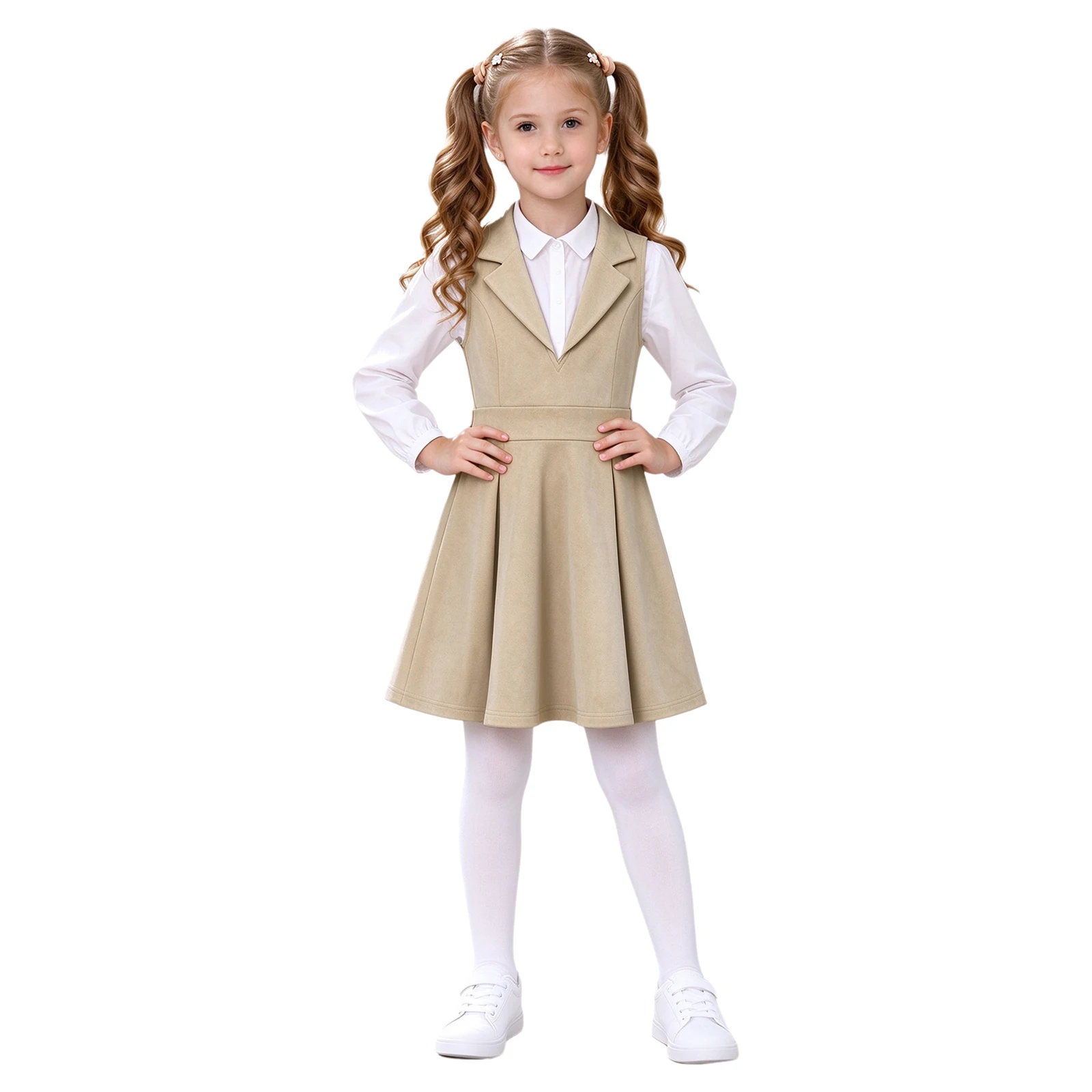 Junior Girls Classic School Uniform Jumper Casual Lapel V-neck Sleeveless Pleated Dress for Classroom Recitation Picture Day