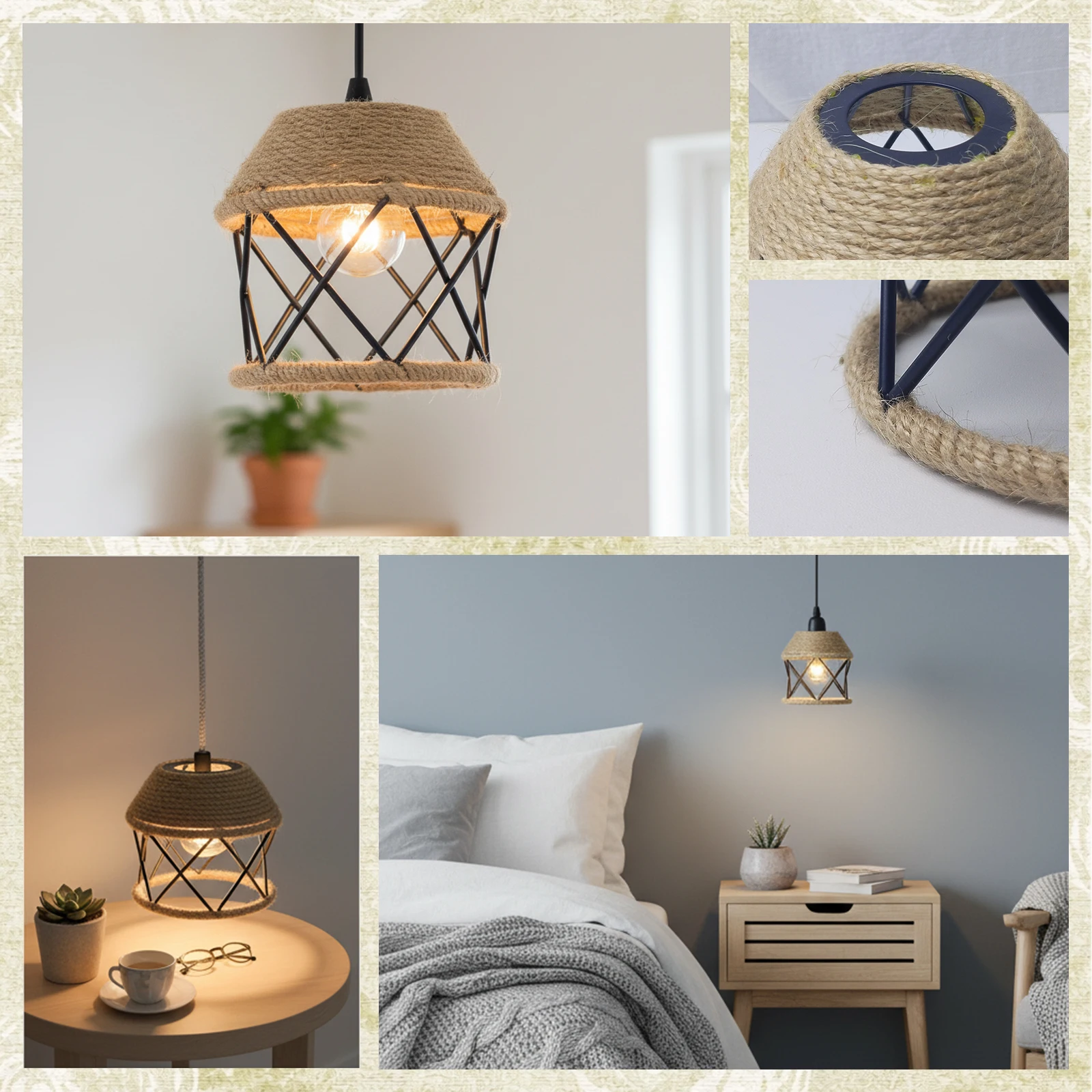Hand-Woven Hemp Rope Diamond Metal Frame Hollow Industrial Lamp Shade for Bedroom Dining Hallway Living Room Decor