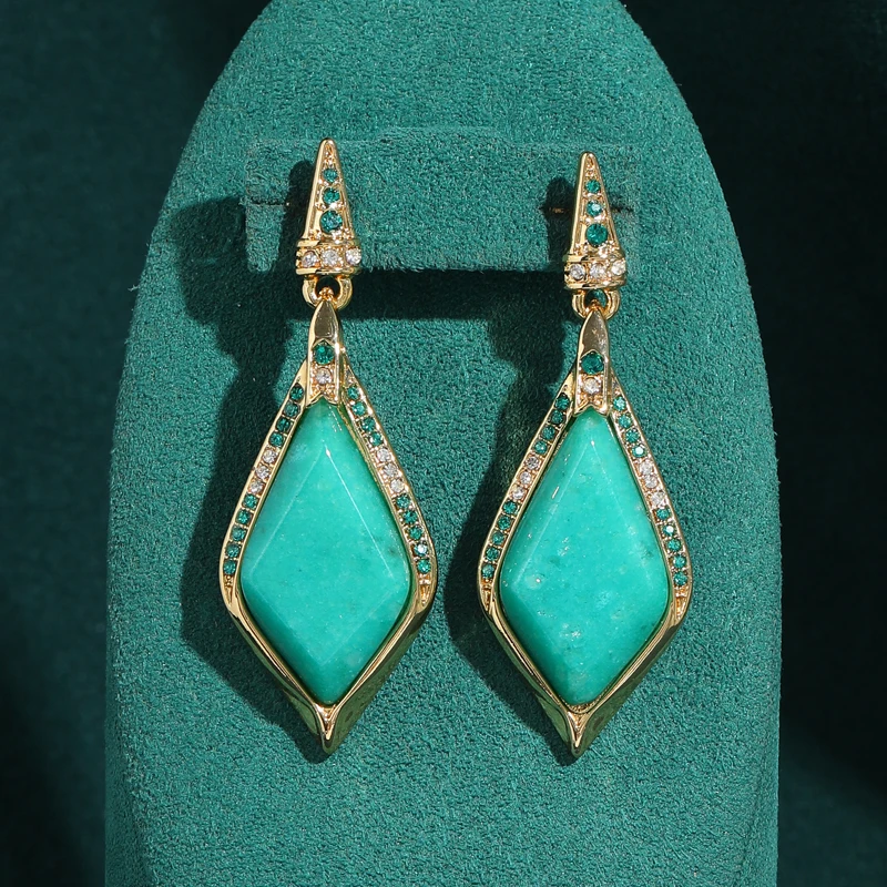

Vintage Natural Stone Drop Earrings Green Rhinestone Square Woman Gold Color Antique Jewelry Retro Luxury Bohemia Accessories