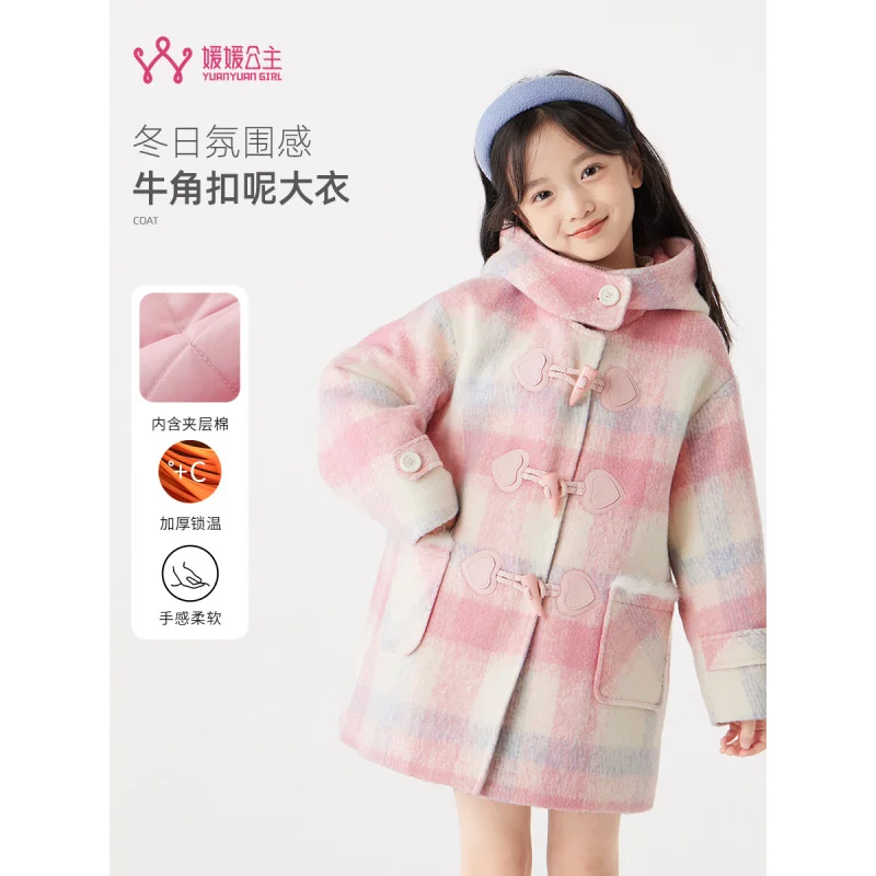 

2024Girls' Autumn and Winter New Plaid Coat Western Style Fashion Quilted Padded Woolen Coat