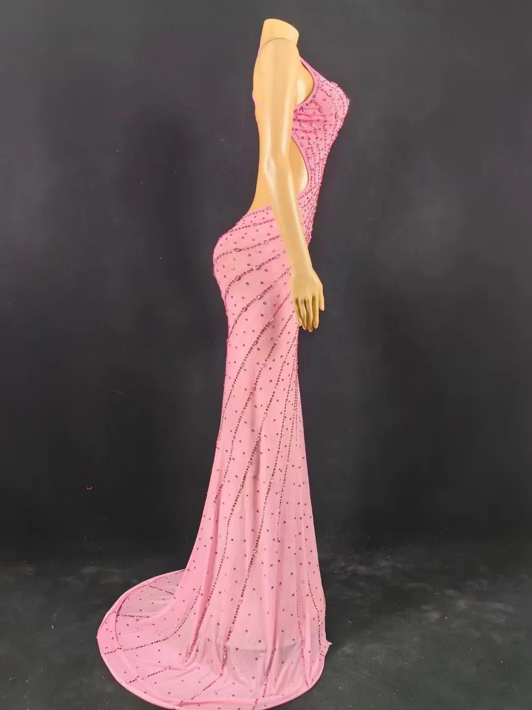 Sexy Roze Sprankelende Strass Halter Mesh Transparante Jurk Verjaardag Vieren Avondjurk Jurk Vrouwen Split Backless Stage Dres