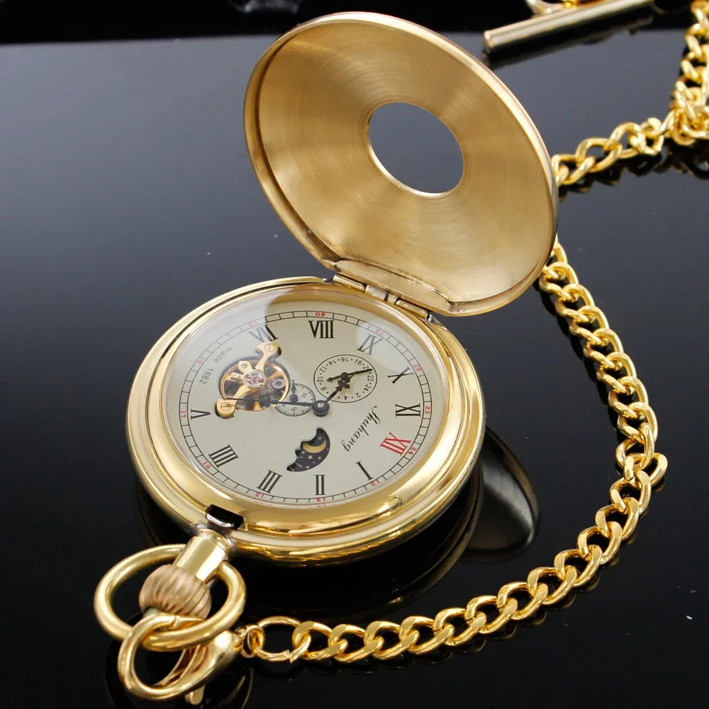 Antigo luxo tourbillon fase da lua steampunk masculino relógio de bolso mecânico retro cavalheiro sinal analógico relógio jóias presente