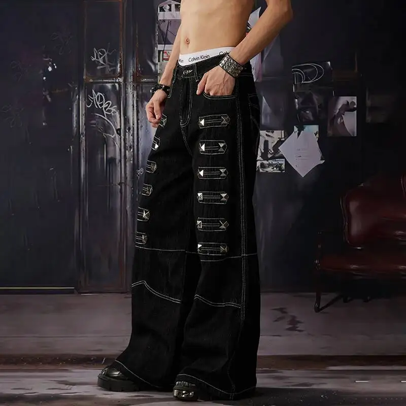 LUZHEN 2026 New Original Rivet Metal Patchwork Outline Line Straight Jeans Men's Fashion Streetwear Wide Leg Denim Pants JY7513