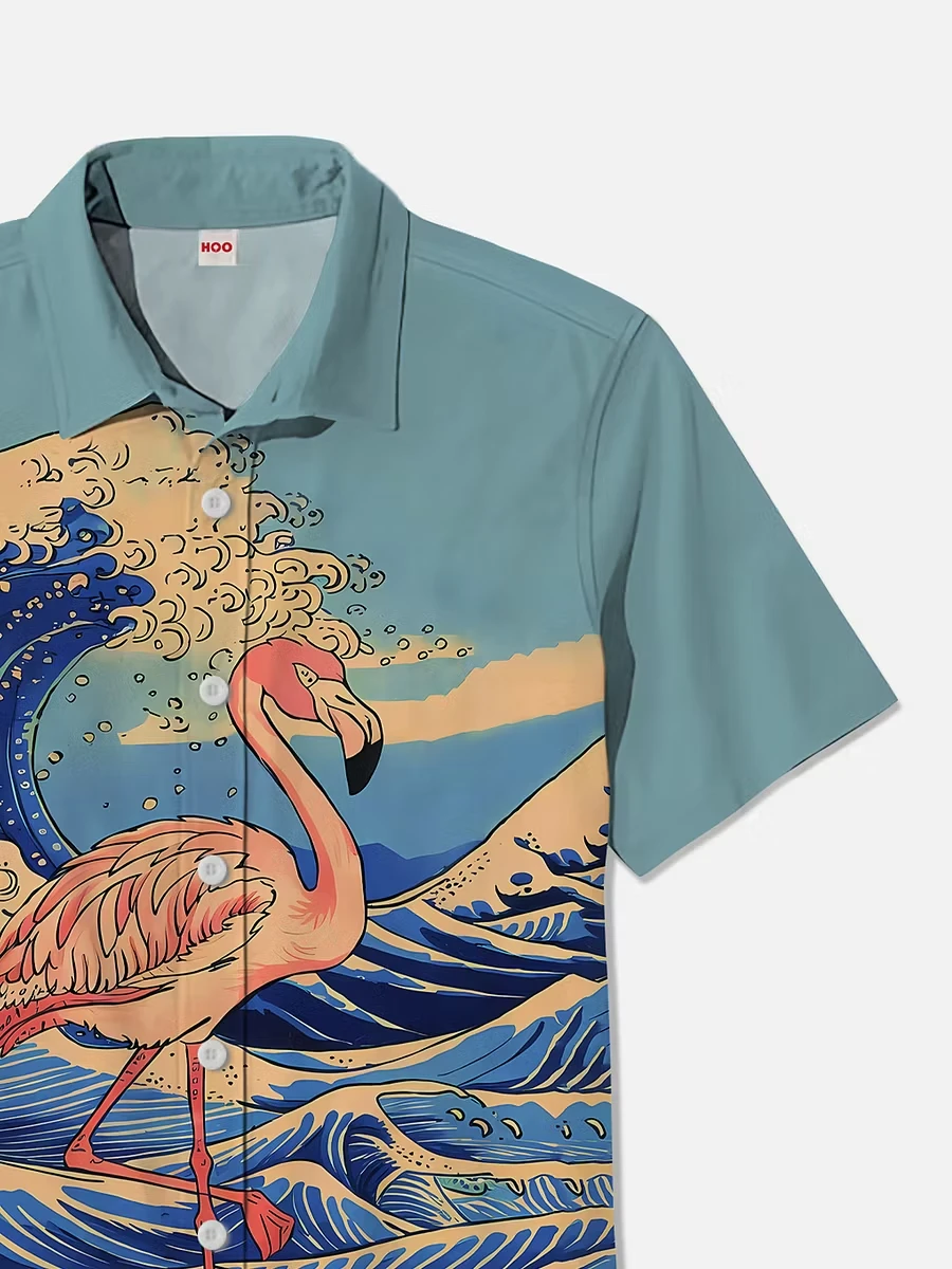 Men's Shirt Ukiyo-e Wave Flamingo Print Short Sleeve Turn Down Collar Loose Summer Vacation Casual Tops Mens Clothing