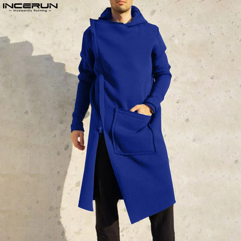 Fashion Casual Style Tops INCERUN 2024 Men's Solid Large Pocket Mid Length Design Trench Handsome Male Loose Hooded Coats S-5XL