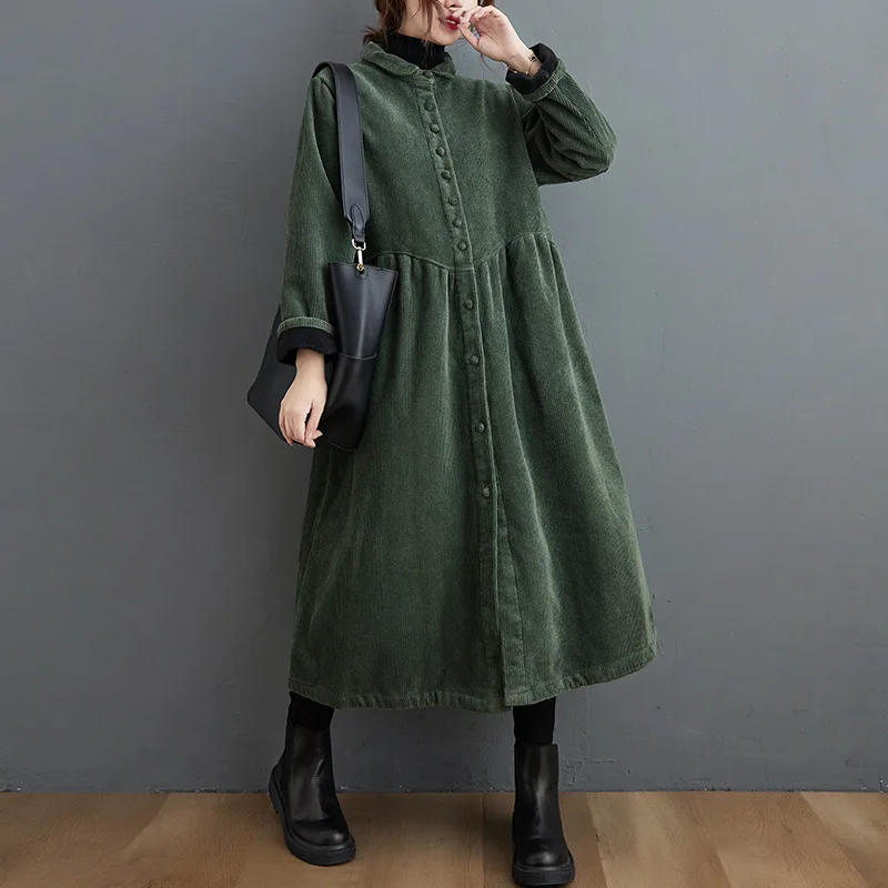

Autumn Winter Women Long Trench Coat New Velvet Long Sleeve Retro Loose Corduroy Casual Coat Female Windbreakers Women Clothing