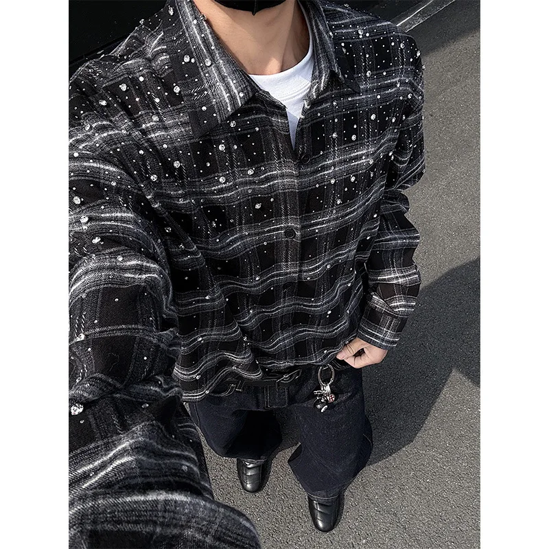 

2026 Spring New Hot-fix Rhinestone Long Sleeve Men's Shirt Korean Fashion Retro Plaid Loose Shirts for Men Japan Streetwear Y2k