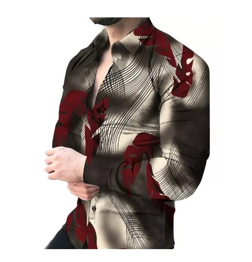 Fashion Shirts Feather 3D Tiger Pattern Printed Shirts Men Fashion Shirts Casual Beach Blouse Cuba Lapel Blouse Long Sleeve Tops