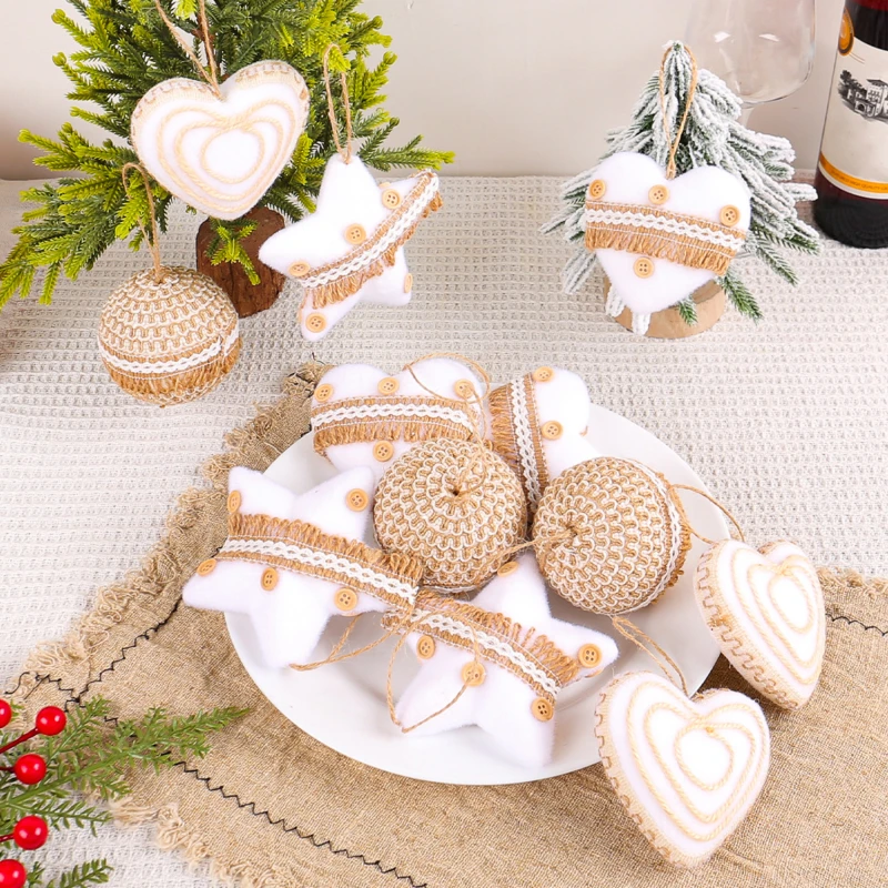 3pcs Hemp Rope Decorative Balls Christmas Tree Small Ornament Pentagram Love Ball shaped Atmosphere Pendant xmas Foam Decoration