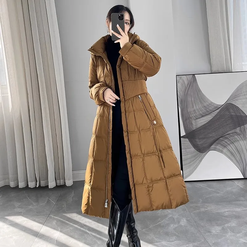 Caramel color Hooded Down Jacket Women 2024 Winter New Fashion Slim Temperament White duck down Coat Female Warm Parkas Overcoat