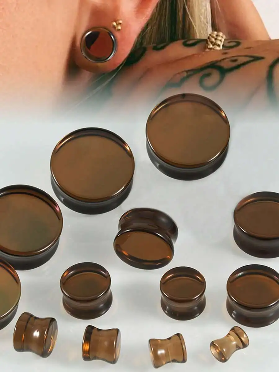 

Dark Brown Coffee-Tinted Glass Ear Plugs Saddle Double Flared Tunnels For Stretched Lobe Piercing Body Jewelry