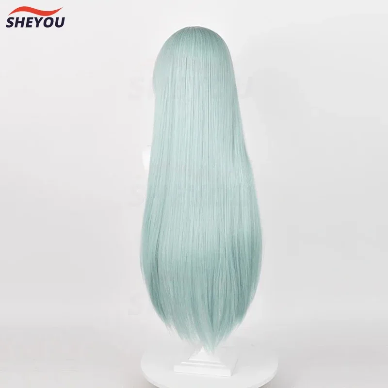 Peluca de Cosplay de Elizabeth Liones, pelo sintético largo cian resistente al calor, pelucas para juegos de fiesta + gorro de peluca