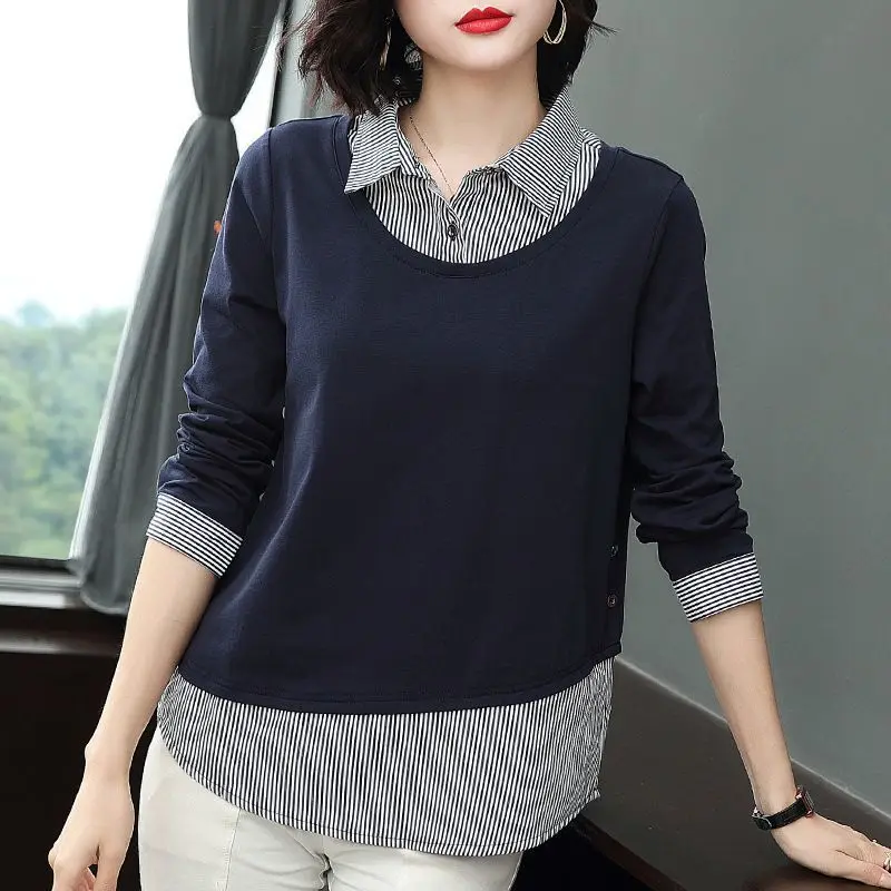 Women Korean Fashion Striped Patchwork Elegant T Shirt Spring Autumn Casual Streetwear Long Sleeve Loose Cotton Tops Ropa Mujer