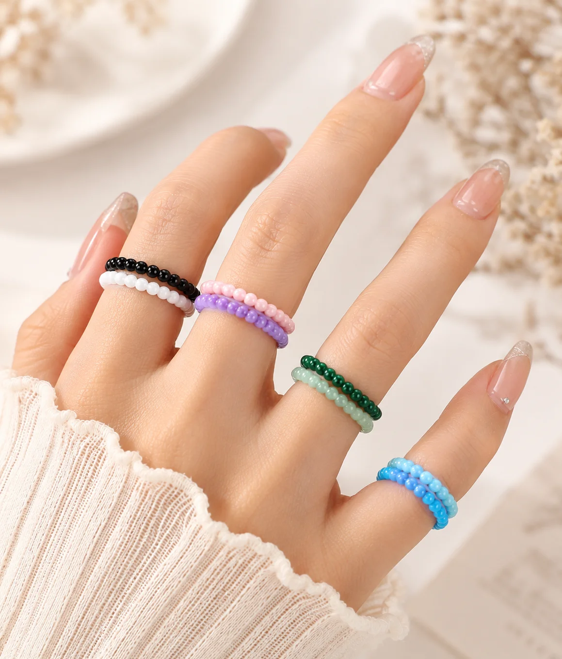 Colorful 2.5mm Thin Stackable Ceramic Beaded Rings Women Colorfast Bubble Wedding Band Promise Ring US Size 5-12