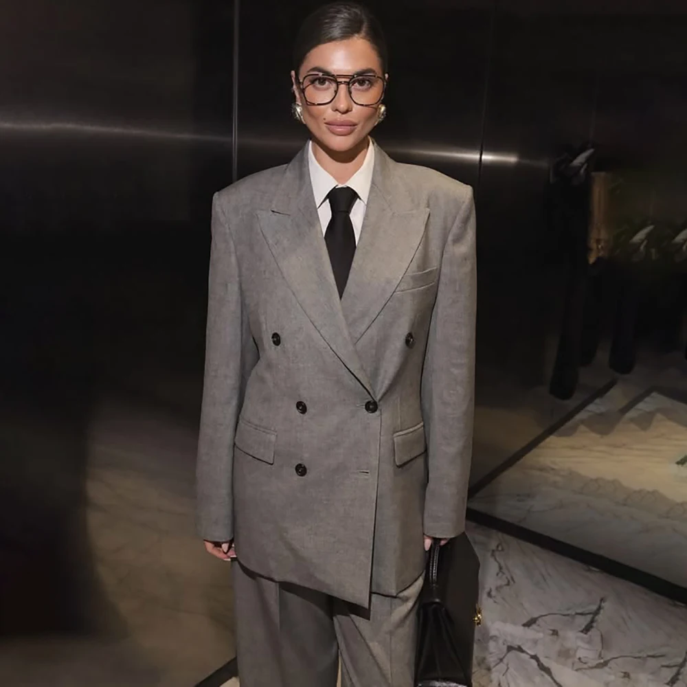 Women Oversized Double Breasted Suit Set Gray Blazer Wide Leg Pants Formal Business Office Lady Tailored Outerwears for Work