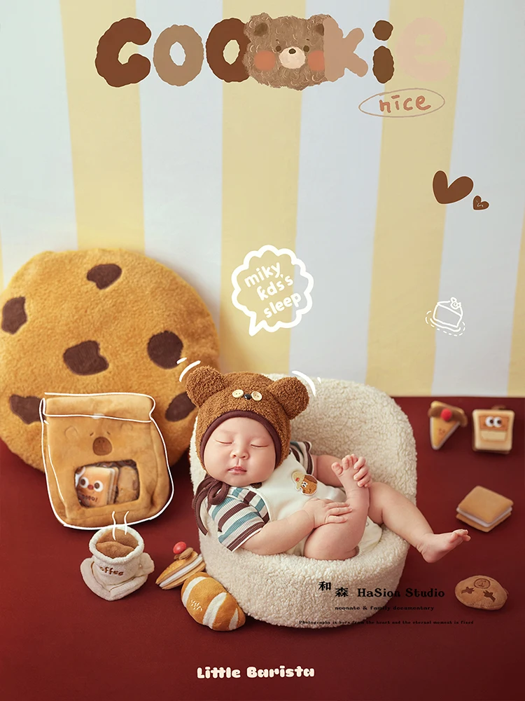 Cookie Theme Newborn Photography Props Baby Bear Hat+costume Set Plush Cookie Doll Props for Studio Infant Shooting Accessories