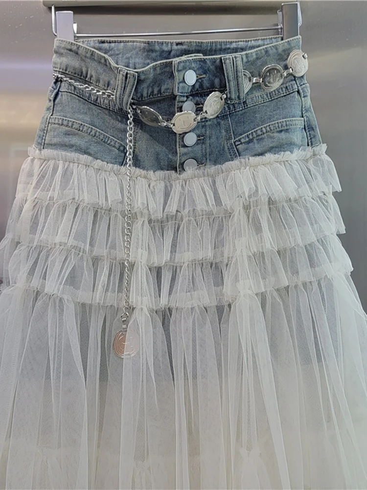 DEAT Falda vaquera para mujer, faldas largas elegantes de gasa con corte en A de malla multicapa de retales de cintura alta, nueva moda de primavera