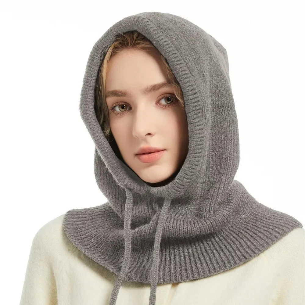 Gorros gruesos de punto con capucha para invierno, gorro pasamontañas elástico con aislamiento cálido, cordón ajustable, transpirable, cuello de una sola pieza