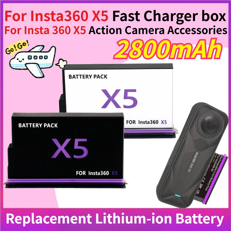

2800mAh Replacement Lithium-ion Battery for Insta360 X5 Fast Charger box for Insta 360 X5 Action Camera Accessories High quality