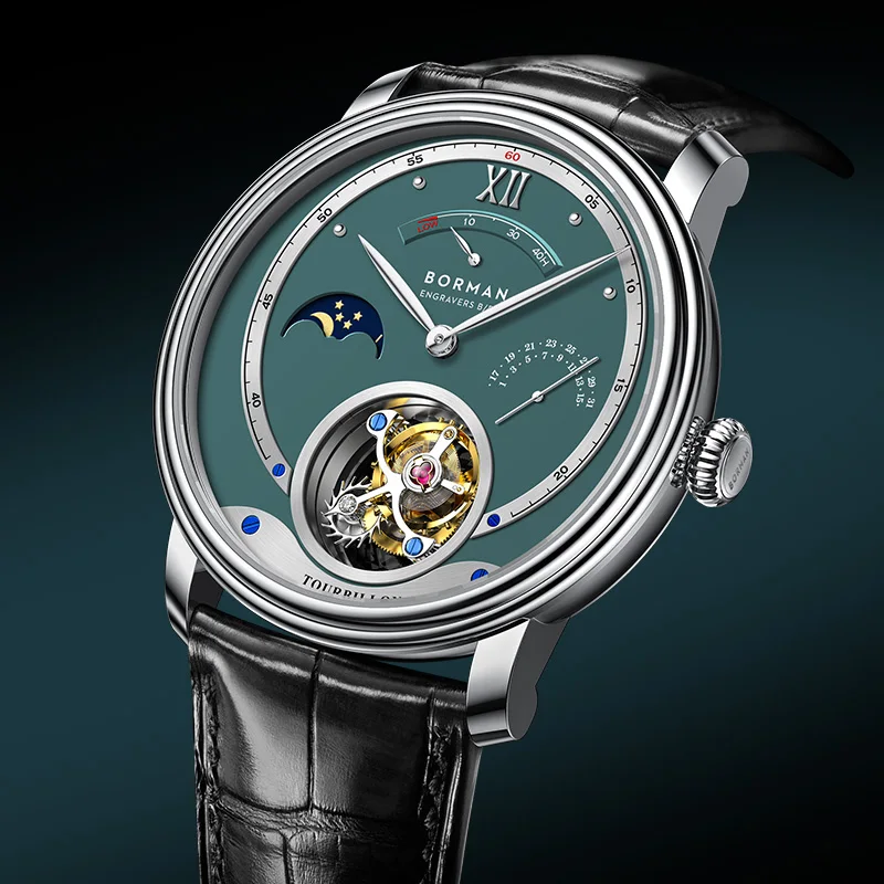 BORMAN Men Tourbillon Watch 40mm Manual Windind Mechanical Wristwatch Sapphire Mirror ST8007 Sun-Night Dial Date Window