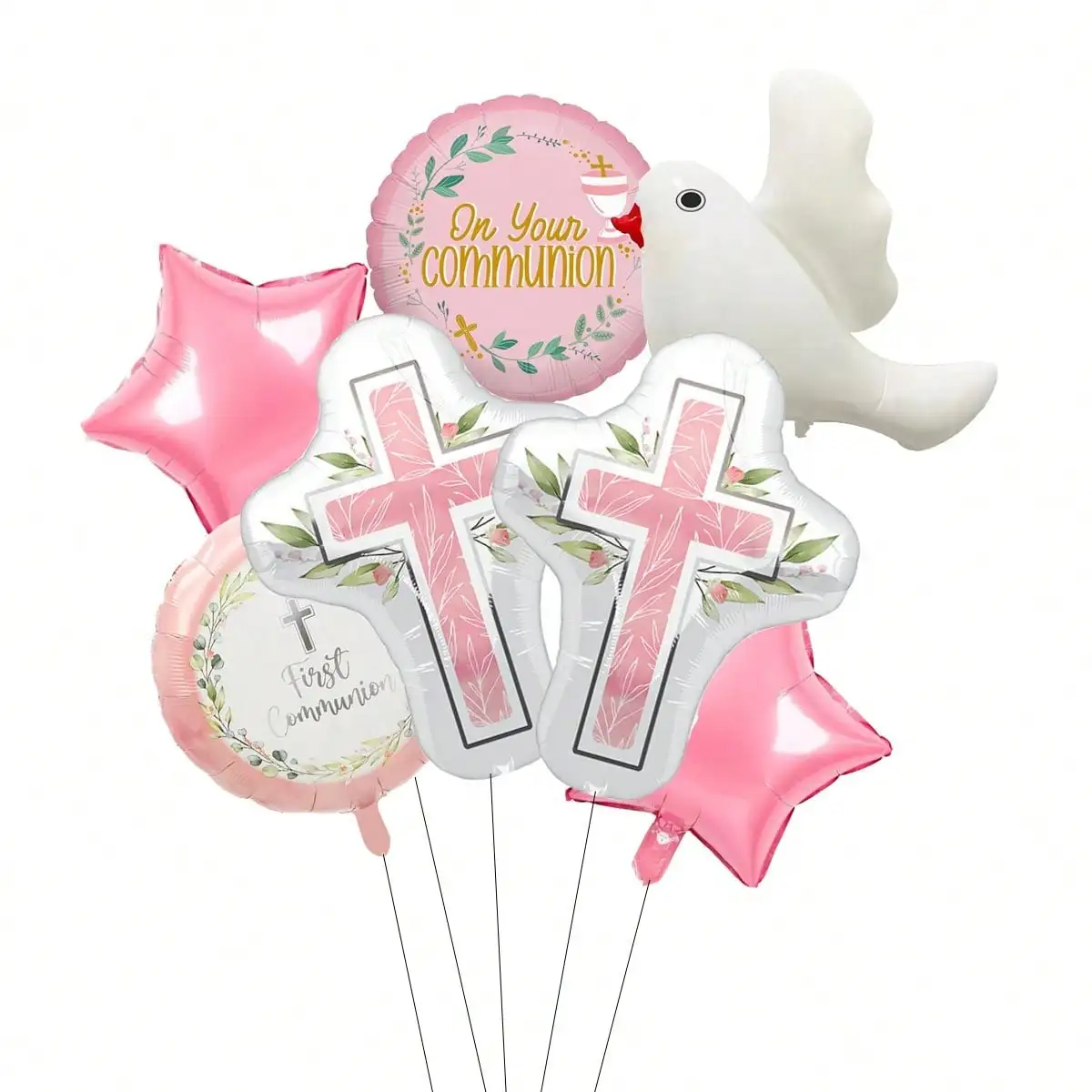 5 Stück Blau-Rosa Erstkommunion Folienballons Dekorationen Kreuz Stern Taufe Party Ballons für Gottessegen Taufe – Detail 6