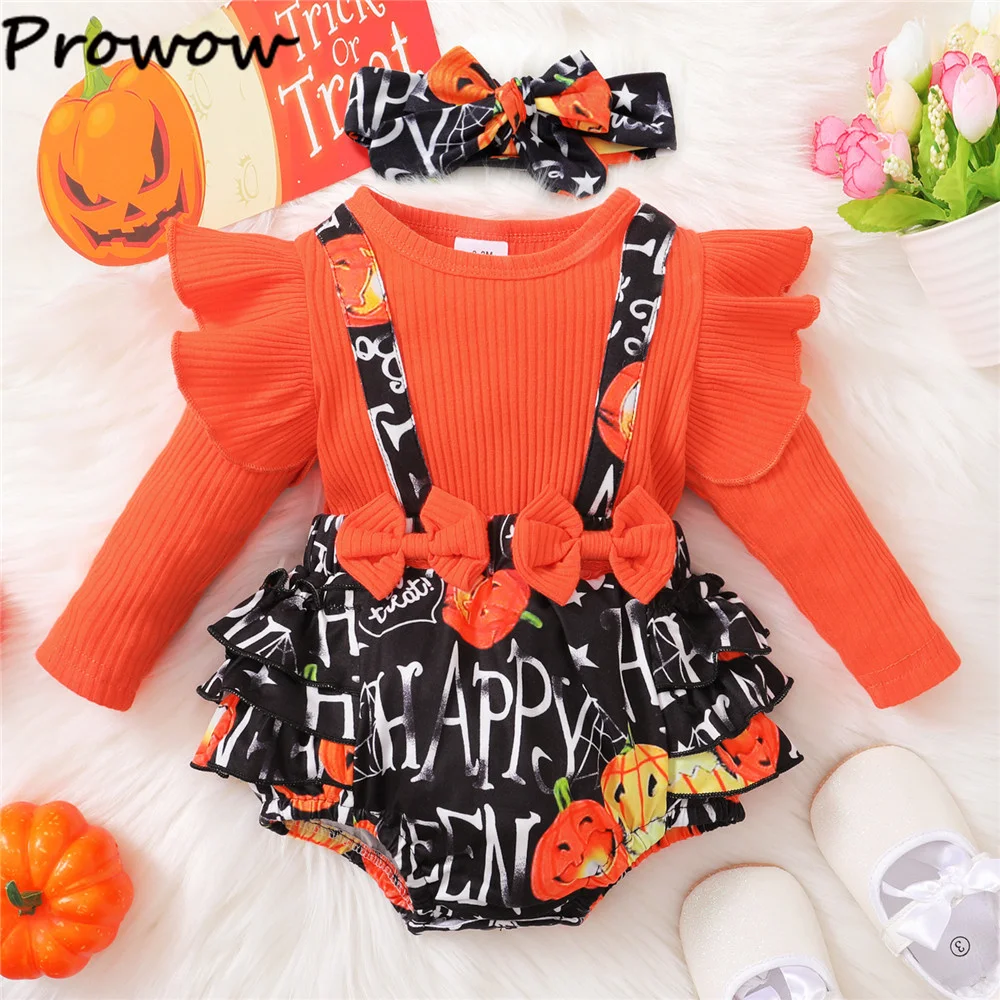 Prowow Baby Halloween Costume Orange Pumpkin Letter Printed Bodysuit For Newborns My First Halloween Baby Rompers Clothes