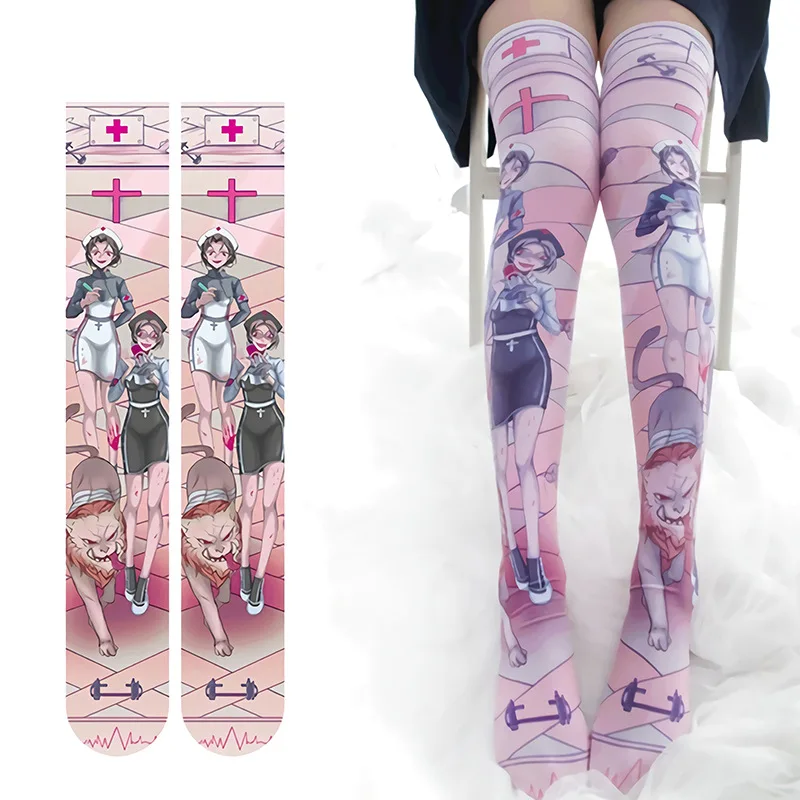 2026 Anime Nurse Candy Clock Printed Female Spring and Autumn Japanese Lolita Cute Anime Knee length Stockings
